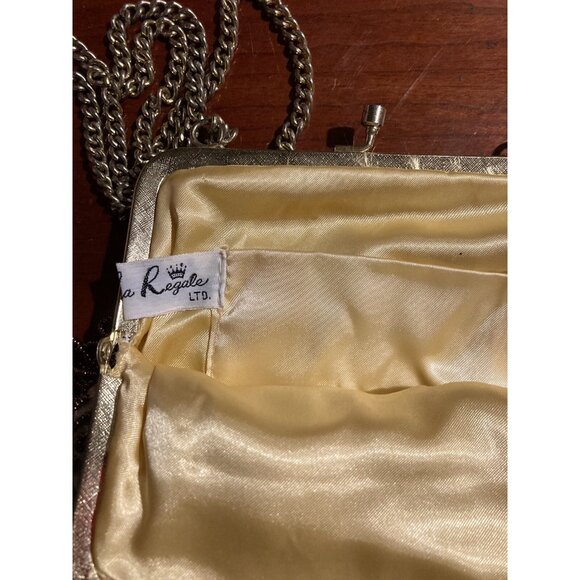 VINTAGE GOLD & BROWN LA REGALE  HAND BEADED PURSE MADE IN HONG KONG WITH FRINGE - Picture 9 of 13